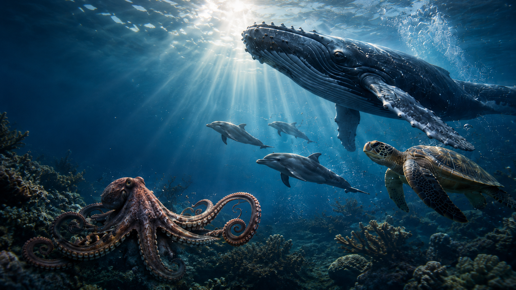 Humpback whale, dolphins, sea turtle, and octopus swimming through a sunlit coral reef